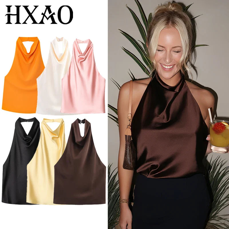 Elegant Backless Satin Halter Top