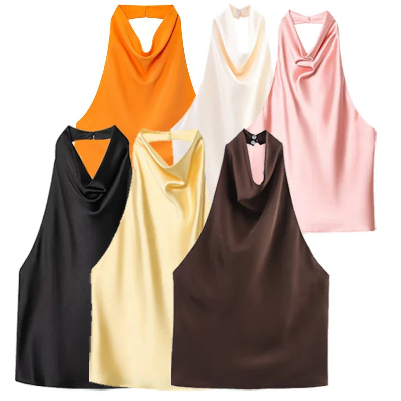 Elegant Backless Satin Halter Top
