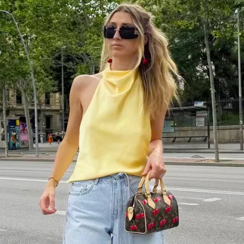 Elegant Backless Satin Halter Top