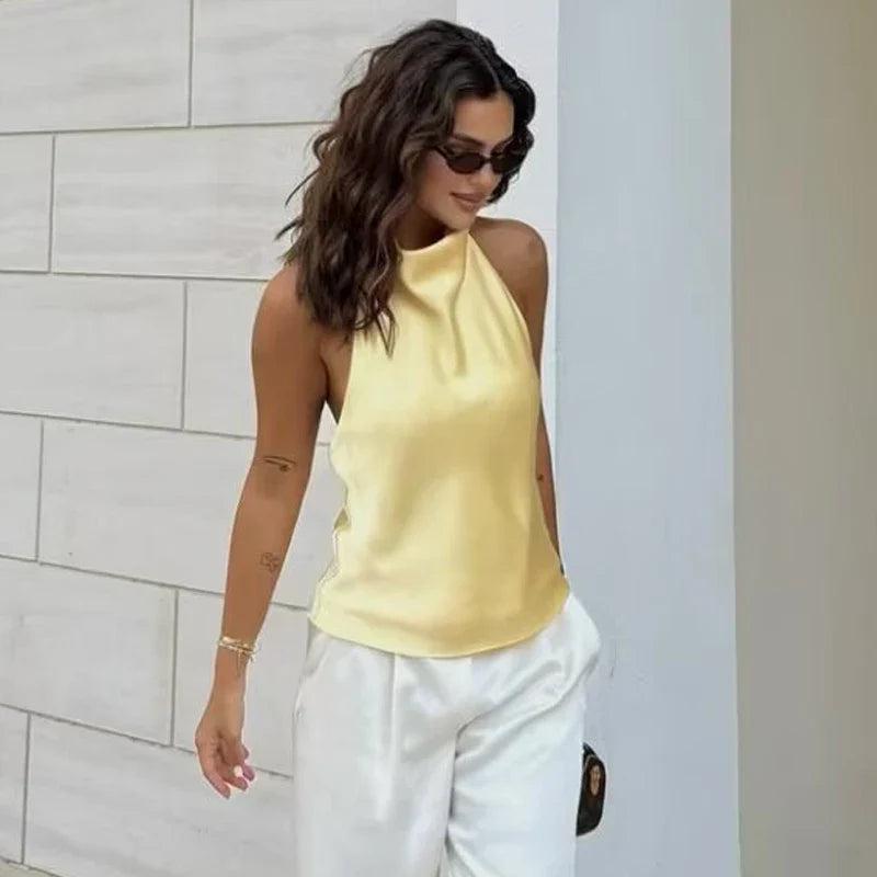 Elegant Backless Satin Halter Top