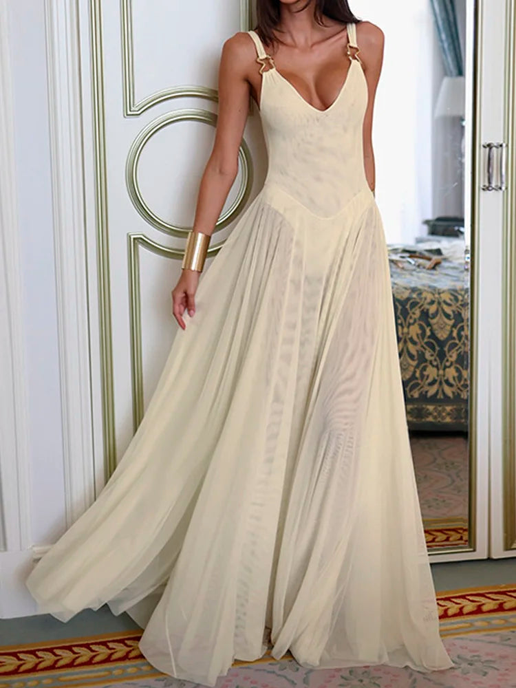 Elegant Sheer Mesh Maxi Dress